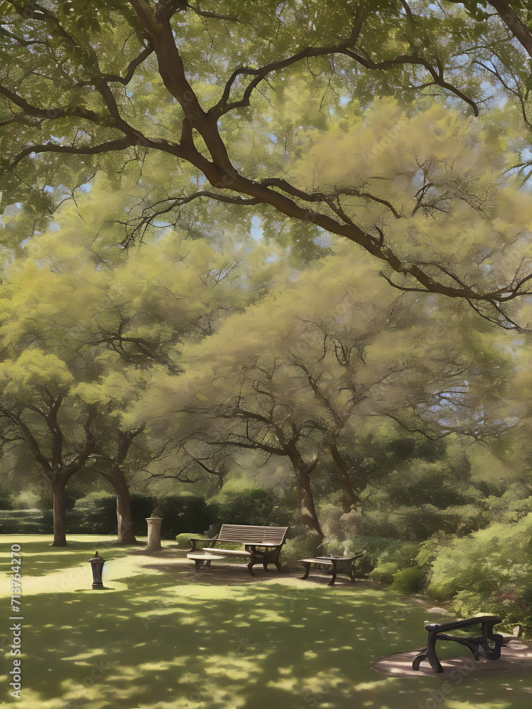 Poster perhaps there's a quaint bench strategically placed under the spreading branches of a tree. ai gener