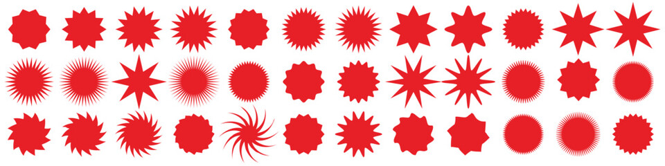 Set of red starburst. Price sticker, sale sticker, price tag, starburst, quality mark, retro stars, sale or discount sticker, sunburst badges, sun ray frames, promotional badge set, shopping labels 