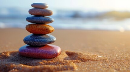 Fototapeta na wymiar A stack of colorful stones balances on the beach, symbolizing harmony and tranquility.