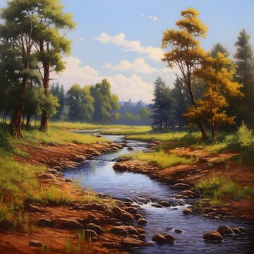 Landscape painting small river natural waves image Generative AI
