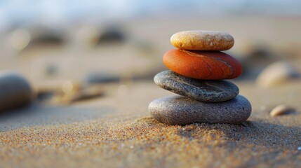 Fototapeta na wymiar A stack of colorful stones balances on the beach, symbolizing harmony and tranquility.