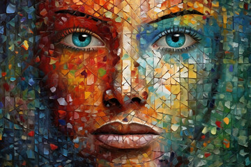 Beauty, style, make-up, fine-art concept. Abstract and surreal colorful woman close-up portrait illustration. Vivid colors, tiny details, minimalist style