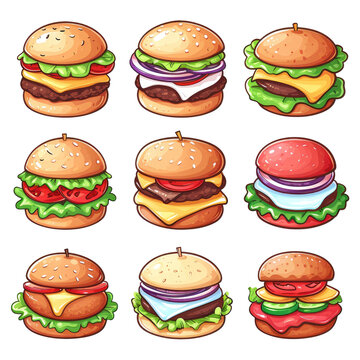 set of cartoon burger on a transparent background, Ai Generated Images