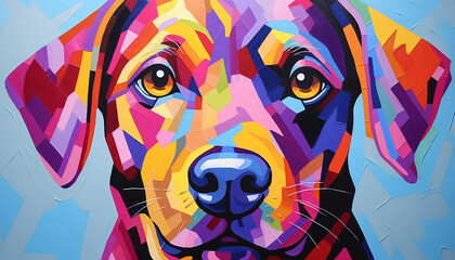 unique and abstract representation of a dog's face using geometric shapes patterns and vibrant colors