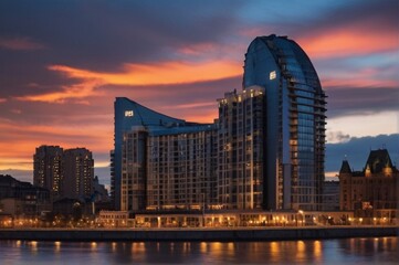 Fototapeta premium On evening at the best hotel in the city from AI Generated