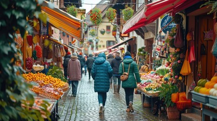 Obraz premium Easter decoration. people at the market. colorful Easter market in a quaint European town, lively stalls with traditional decorations, families enjoying the holiday spirit,