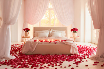 Beautiful bedroom with big bed covered with rose petals, flowers and candles, romantic atmosphere.