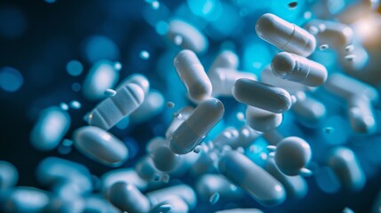 Dynamic cascade of white capsules from a bottle with a blue backdrop symbolizing healthcare