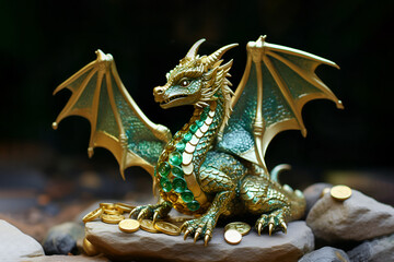 Green beautiful dragon with golden coins
