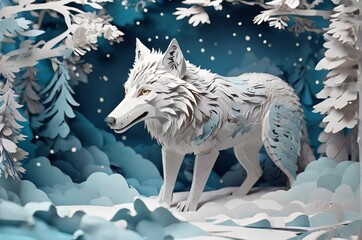 White wolf under snowflakes at the winter forest. 3D paper style illustration. Concept for greeting post cards, New Year and Christmas, calendars, stickers, animal protection. AI generated