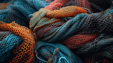 Colorful tangled fishing nets offer a close-up on textures and materials - obrazy, fototapety, plakaty