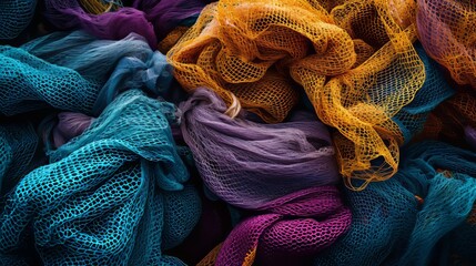 Colorful tangled fishing nets offer a close-up on textures and materials