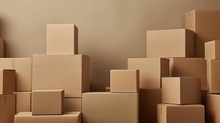 Varied sizes of cardboard boxes stacked against a plain backdrop for packaging concepts - obrazy, fototapety, plakaty
