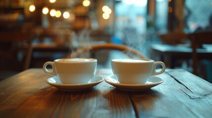 Steamy coffee cups on a wooden table invite a cozy conversation in a warm cafe setting - obrazy, fototapety, plakaty