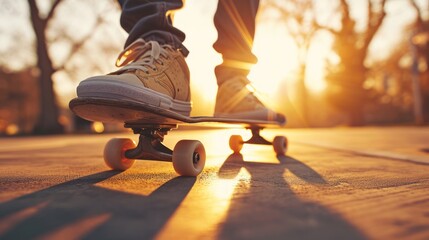 A sneaker on a skateboard captures a moment of urban adventure at sunset.