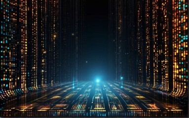 Abstract technological background with binary code and holographic elements illuminated from AI Generated
