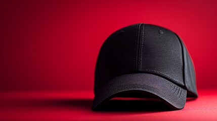 A sleek black baseball cap stands out against a vivid red backdrop.