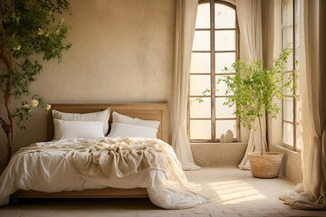 Interior of french bedroom with bed by big window with warm cozy atmosphere