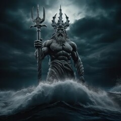 a statue of a man with a horned head holding a staff in a stormy sea - obrazy, fototapety, plakaty