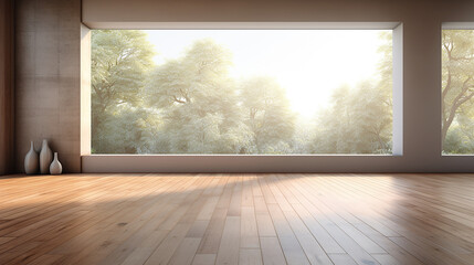 modern empty room with wooden floor and large window with sunlight