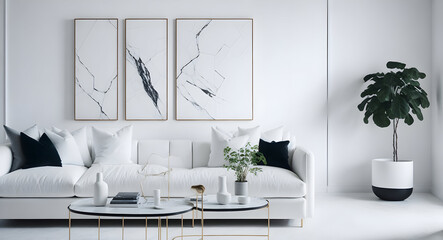 Modern living room AI art: clean, a sofa in a living room and round coffee table and wall art