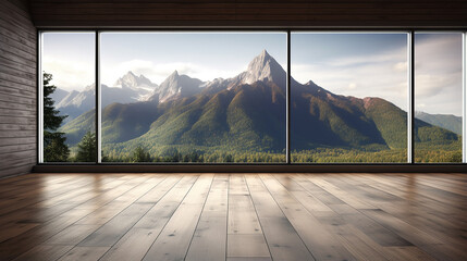 modern empty room with wooden floor and large window with mountain view