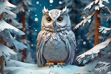 Rolgordijnen White owl under snowflakes at the winter forest. 3D paper style illustration. Concept for greeting post cards, New Year and Christmas, calendars, stickers, animal protection. AI generated © Aisylu