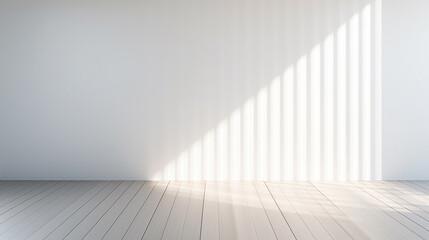 stimulate scene of white empty room with sunlight cast shadow on the laminate wood wall