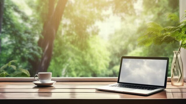 Workplace with laptop and cup of coffee, desktop computer with blank white screen of copy space, window and trees view. Lofi desk window. Rain effect.