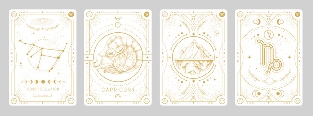 Set of Modern magic witchcraft cards with astrology Capricorn zodiac sign characteristic. Vector illustration
