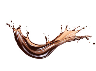 splash of brownish hot coffee or chocolate isolated, chocolate splash on transparent PNG or white background. floating chocolate swirl