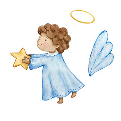 Watercolor cute baby boy angel with wings