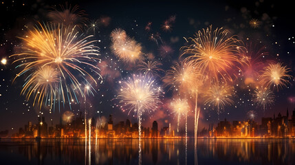 Happy New Year, burning fireworks with bokeh light background