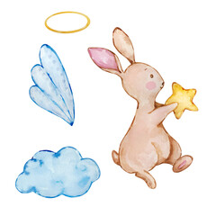 Watercolor cute baby bunny angel with wings