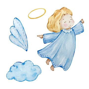 Watercolor cute baby girl angel with wings