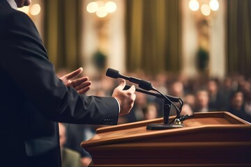 Businessman politician makes a speech from behind the pulpit - obrazy, fototapety, plakaty