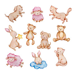 Watercolor set of cute baby animals angel
