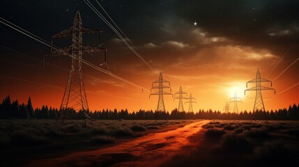 Electricity transmission towers with orange glowing wires the starry night sky. Energy infrastructure concept, energy, electricity, voltage, supply, pylon, technology