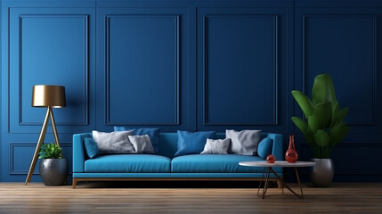 view of room space with deep blue sofa set blue wall