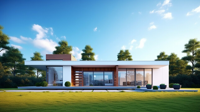 view of small modern house in minimal style with green lawn on blue sky background 3d rendering