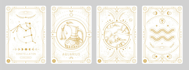 Set of Modern magic witchcraft cards with astrology Aquarius zodiac sign characteristic. Vector illustration - obrazy, fototapety, plakaty
