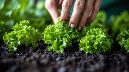 Close-up of a woman's hand planting fresh green lettuce in the soil