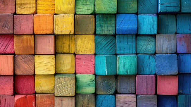 Wooden building background with components in a rainbow of colors, Generative AI.
