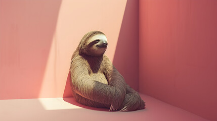 Relaxing Sloth Lying on a Pink Wall in Sunlight