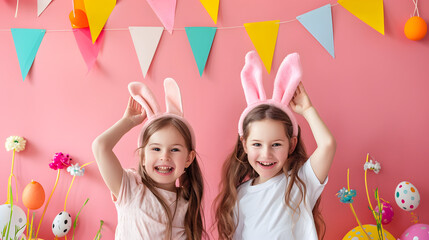 Fototapeta na wymiar Two joyful girls in bunny ears celebrating easter