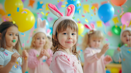 Fototapeta na wymiar Happy girl in bunny ear celebrating easter festival