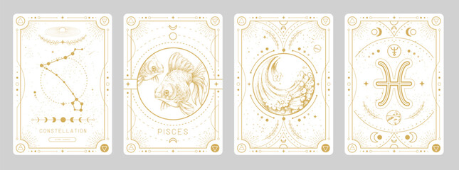Set of Modern magic witchcraft cards with astrology Pisces zodiac sign characteristic. Vector illustration © annbozhko