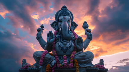 Lord ganesha sculpture at beautiful sunset. Goddess ganesh festival.