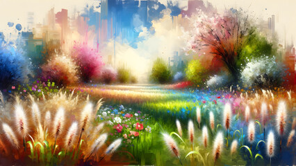 Vintage Landscape with Spring Sumer Season, Flower Nature's Symphony in Seasons to capture its essence of blending different seasonal elements and the beauty of nature