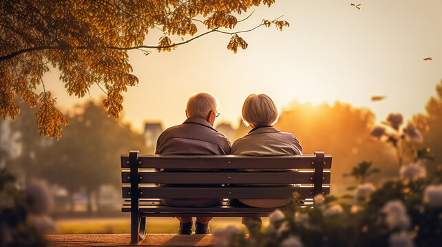 Happy elderly couple sitting on park